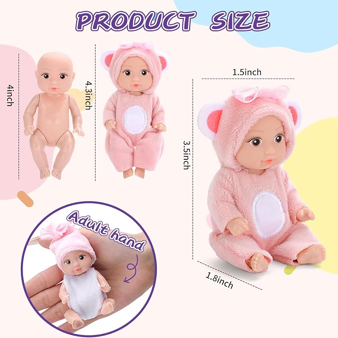 6PCS 4 Inch Realistic Open-Eye Baby Doll Playset - Mini Reborn Baby Dolls with Handmade Pink Clothes, Christmas Easter for Kids Age 3+