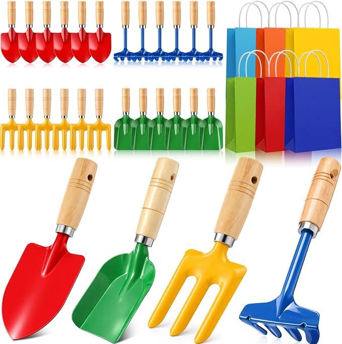 30 Pcs Kids Beach Sand Toy Gardening Tools Bulk Set Include Kids Beach Shovel Rake Fork Trowel and Gift Bags Metal Planting Tools with Wooden Handle for Planting Loosening Digging Outdoor