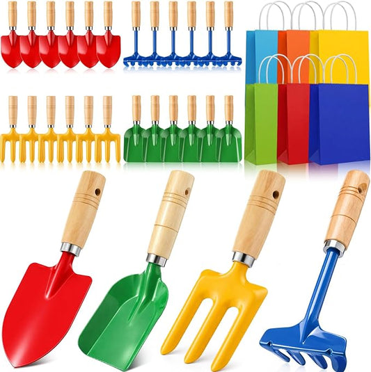 30 Pcs Kids Beach Sand Toy Gardening Tools Bulk Set Include Kids Beach Shovel Rake Fork Trowel and Gift Bags Metal Planting Tools with Wooden Handle for Planting Loosening Digging Outdoor
