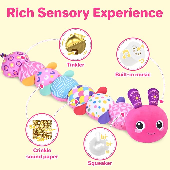 KMUYSL Baby Sensory Caterpillar Toys for 0-6 6-12 Months, Soft Plush Activity Toy with Crinkle, Rattle & Gentle Music, Tummy Time Toy for Infant Newborn, Early Development Toy Shower Gifts for Baby
