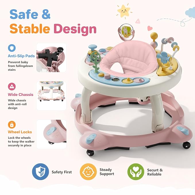 Baby Walker with Wheels, Foldable Baby Walker for Baby 6-12 Months, 3-Position Rotating Seat with Interactive Activity Center, Music Buttons, Baby Walkers for Boys Girls(Pink)