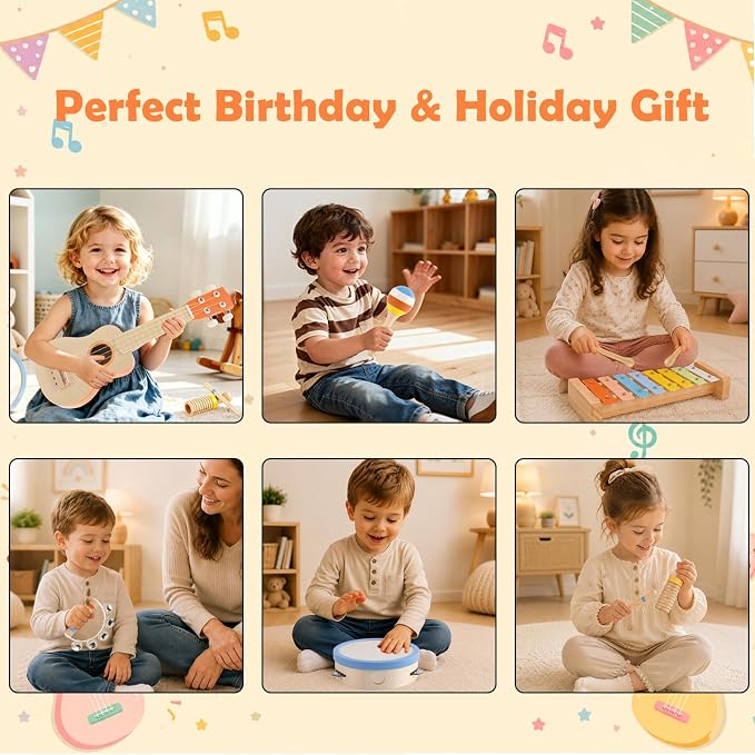 Kids Guitar Set, 6-in-1 Musical Instruments Set for Toddlers 2-3, Montessori Wooden Music Toys with Ukulele/Xylophone/Tambourine/Maracas, Birthday for Ages 2+ Girls Boys