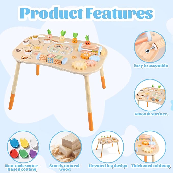 Wooden Activity Table, 6-in-1 Montessori Activity Table for Toddlers, Activity Center for Babies Aged 1–3, Sensory Toys, for Boys and Girls 1+ Years Old