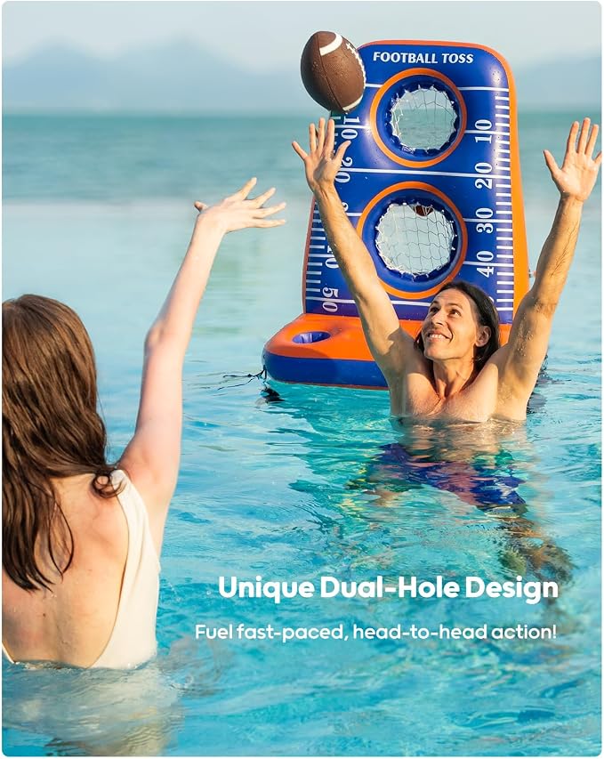 QPAU Inflatable Football Toss Game for Pool – Water Football Target with 4 Balls & 2 Pumps, Dual Net Design, Stable Base, Summer Pool Game for Kids & Adults (Blue+Orange)