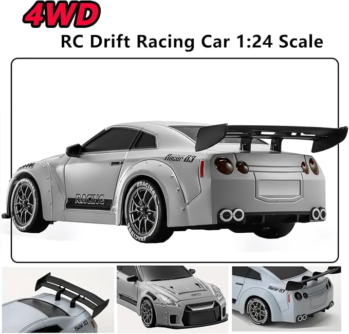 RC Drift Car, 1:24 Scale Remote Control Vehicle with LED Lights,Drifting Tires＆Two Batteries, Racing Sports Toy Idea Gift for Adults Boys Girls and Kids Galactic Silver