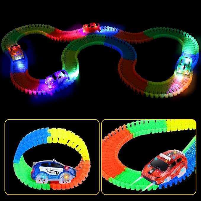Track Cars Only Replacement Light Up Toy Cars with 5 Flashing LED Lights for Tracks Glow in the Dark, Flex Race Car Track Accessories Compatible with Most Car Tracks for Kids (3 Pack) with Screwdriver