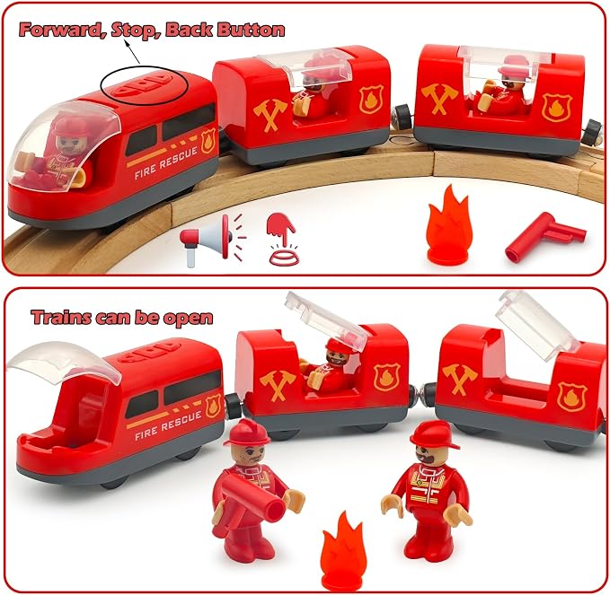 Battery Operated Rescue Fire Fighting Truck for Wooden Train Tracks with Figures Kids Magnetic Wooden Trains Set for Toddlers Boys 3-5 4-8 (Without Battery and Tracks)