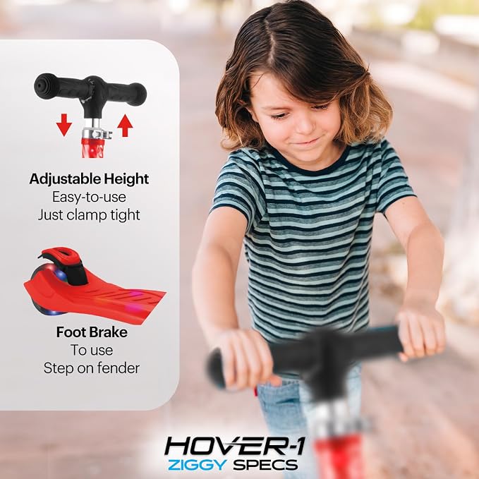 Hover-1 Ziggy Folding Kick Scooter for Kids (5+ Year Old) | Features Lean-to-Turn Axle, Solid PU Tires & Slim-Design, 110 LB Max Load Capacity, Safe