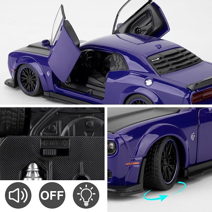 WAKAKAC Toy Cars 1:32 Compatible for Dodge Challenger SRT Hellcat Model Cars, Pull Back Die-cast Vehicles, Collectible Cars with Sounds＆Lights for Kids Boys Girls and Adults, Gift Purple