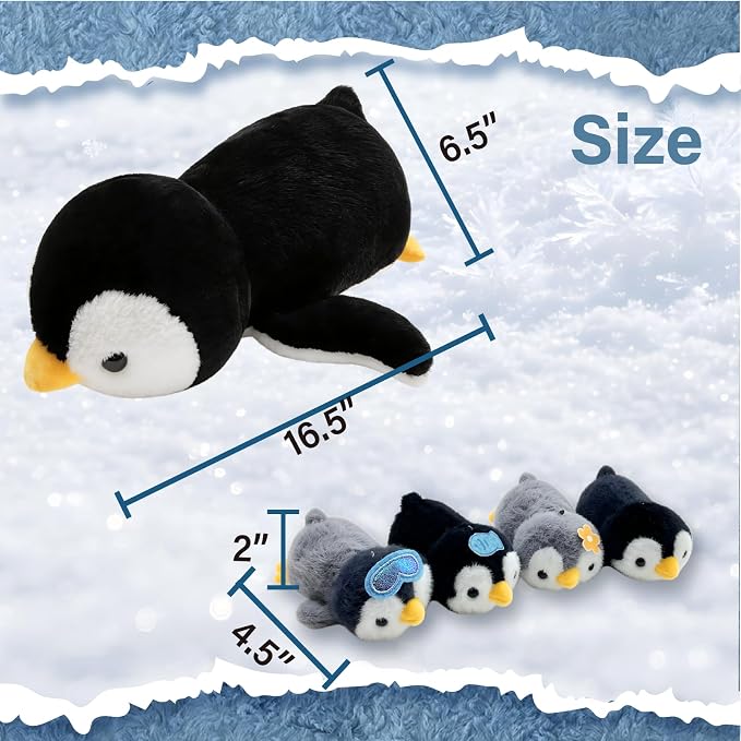 Penguin Stuffed Animal，Cute Penguin Mommy Stuffed Animal with 4 Baby Penguin Plushies in Tummy，Kawaii Penguin Plush Toy Gift for Kids Girls Boys