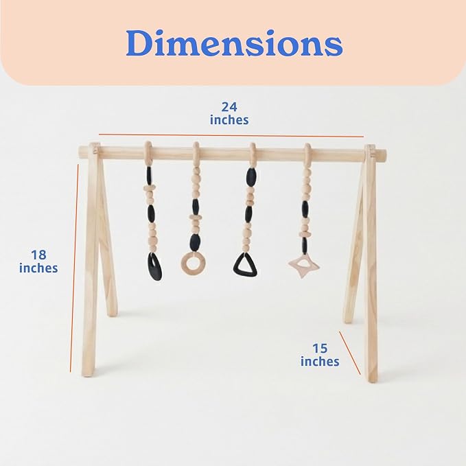 Poppyseed Play Wooden Baby Play Gym, Montessori Activity Center for Infants | Natural Wood Frame with 4 Hanging Toys | Baby Gym for Floor Play | Tummy Time & Early Development | 0–12 Months