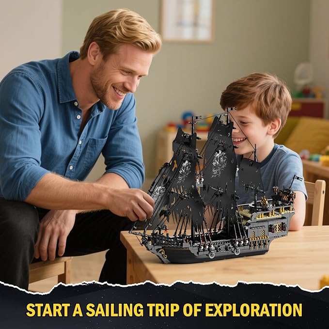 Pirate Ship Model Building Set for Adults Boys Girls, Black Pearl Ship Model with Light, Sail Boat Construction Toys, Collectible Display Home Office Decor, Birthday Gifts（1713 Pieces）