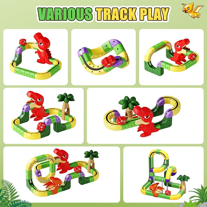 Dinosaur Magnetic Train Set Toys for Kids 3-5: 115PCS 3D Infinity Racer Cube Tracks Anti-Gravity Rail Electric Train Track Birthday Gifts Toys for 3 4 5 6 7 8 Year Old Boys Girl