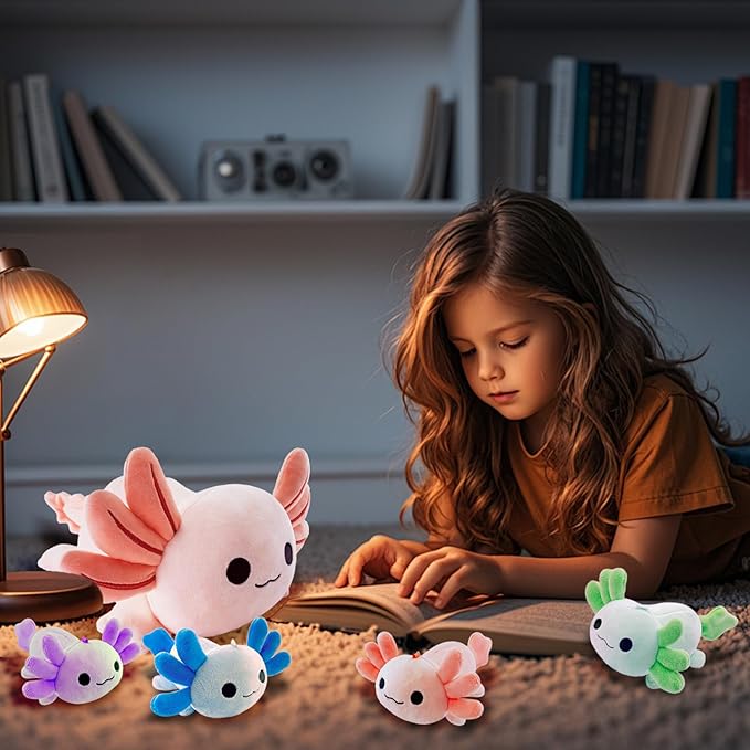 Axolotl Plush，Cute Axolotl Mommy Stuffed Animal with 4 Baby Axolotl Plushies in Tummy，Kawaii Axolotl Plush Toy Gift for Kids Girls Boys