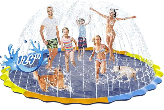 Instraella Splash Pad for Kids and Dogs, 124in Non-Slip Sprinkler Mat 0.5mm Thickened Durable and Foldable Large Pool Summer Fun Outdoor Toys for Dogs and Toddlers Age