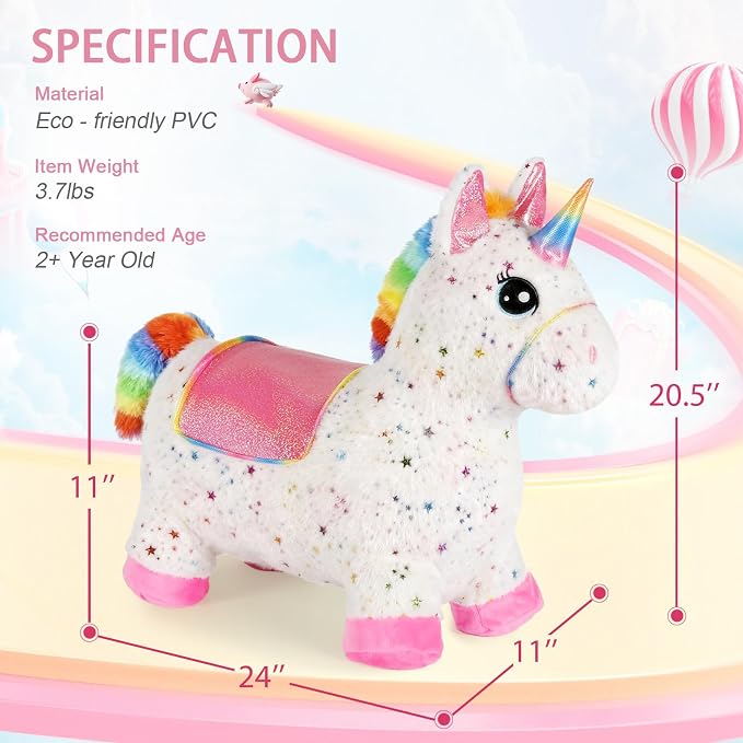 INPANY Unicorn Bouncy Horse Toys, Inflatable Unicorn with Rainbow Plush | Soft Washable Cover, Thick PVC, Stable 4-Leg Base, Cute Unicorn, Easy Inflation, Indoor & Outdoor Play, Gifts for 2-4 Kids