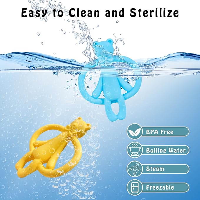 2 Pack Baby Teething Toys for 0-6 6-12 Months, Silicone Baby Bear Teether, Easy to Grip Teether for Babies Infants Boys Girls, BPA Free, Blue and Yellow