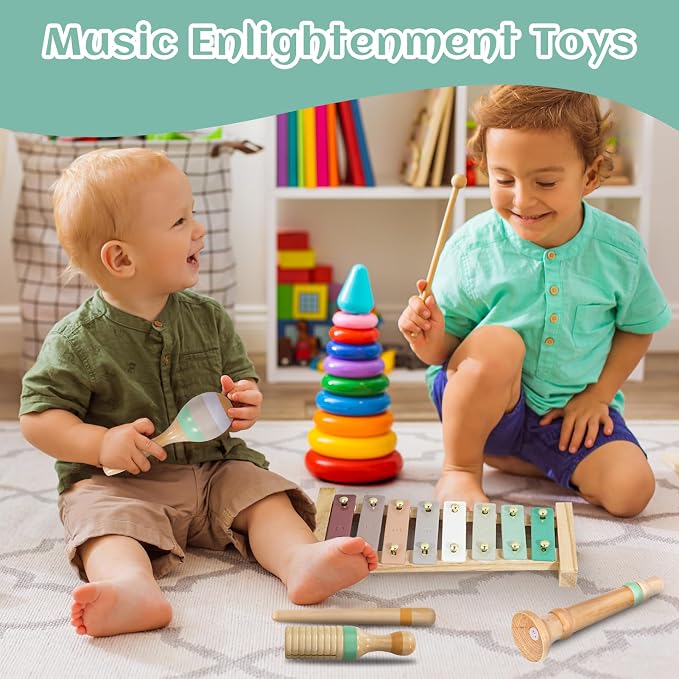 Raimy Kids Musical Instruments Set, Neutral Colors Wooden Montessori Toys | Percussion Instruments Set with Modern Boho Xylophone | Birthday Gifts for Baby Toddlers Boys Girls with Storage Bag
