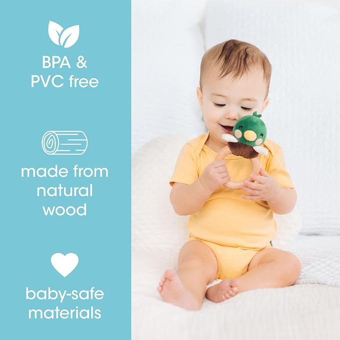 Pearhead Mallard Duck Wooden Baby Teether – Soft Plush Lovey with Natural Wood Rattle Ring, BPA & PVC-Free, Soothes Infant Gums, Multi-Sensory Newborn Essential for Boys, 0+ Months