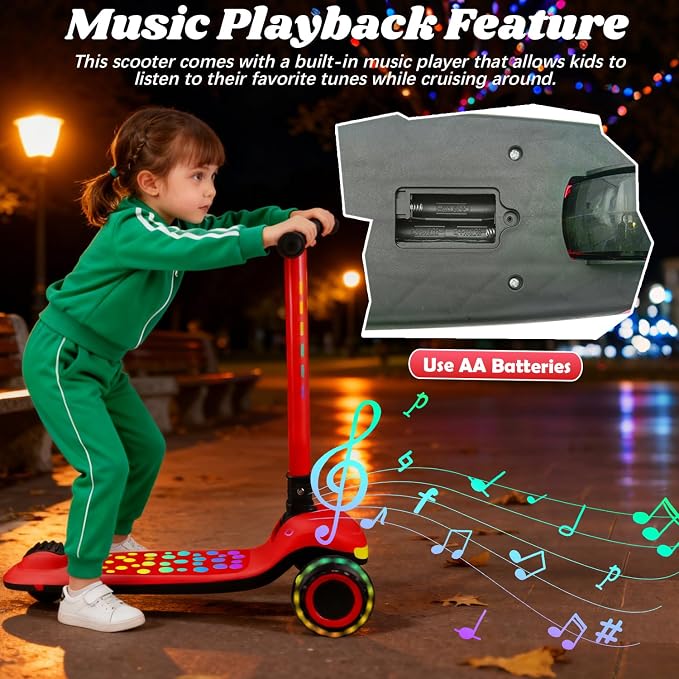 Light Up 3 Wheel Kick Scooter for Kids Toddlers with LED Sync Lights, Flashing Stem & Wide Polka Dot Deck Adjustable Height Music Function Safe Sturdy Folding Scooter for Kids