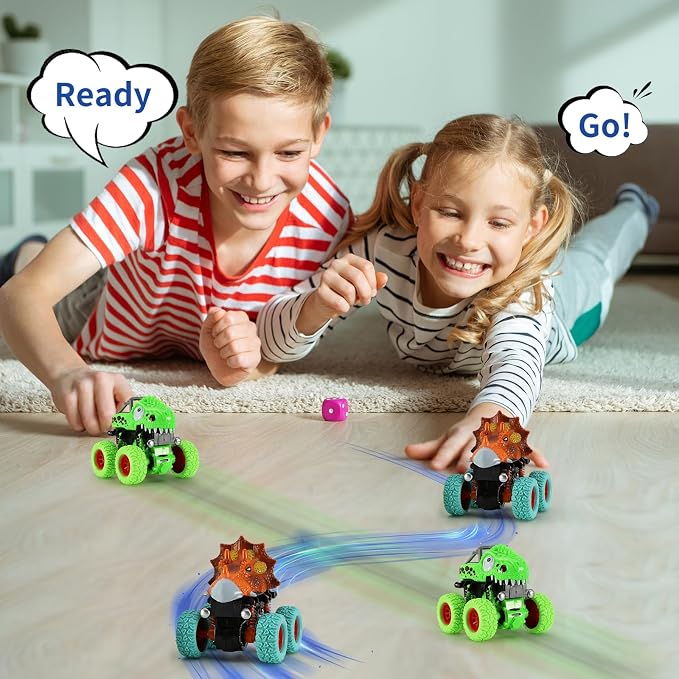Dinosaur Monster Truck Toys for 3 4 5 Year Old Boys, 2 Pack with 6 Mini Dinosaur Figures, Monster Trucks for Boys Ages 3-4-5-7, Toys for Kids 3-5 Years Birthday /Christmas