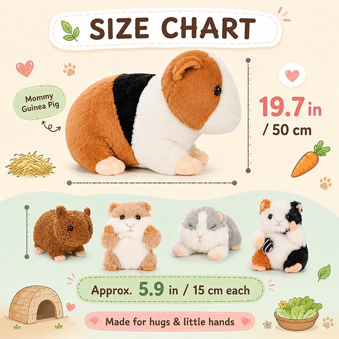 Guinea Pig Stuffed Animal with Babies, 19.7 Inch Mommy Guinea Pig Plush Toy Set with 4 Baby Guinea Pigs, 5 Piece Soft Plush Animals with Zipper Belly, Gift for Kids Girls Boys