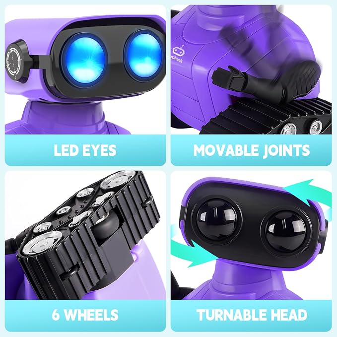 Playsheek Rechargeable Emo Robot with Auto-Demonstration - Remote Control Smart Robot Toy Gift for Kids Age 3+ - Purple