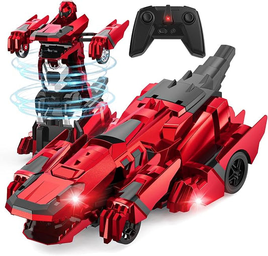 Kroyedfuw Dinosaur Transform Rc Cars, 2.4Ghz Remote Control Car Transforming Robot with Flashing Light, 360° Rotation One Button Deformation Car Toy Gifts for Boys Age 4-7 8-12