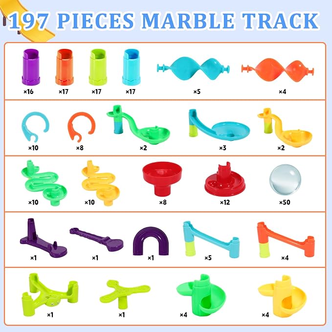 197Pcs Marble Run,Marble Maze Game Construction Building Blocks Toys for Kids,Marbles Track Race Set Educational Learning Toy Gift for Boys Girls(147Parts+50Glass Marbles)