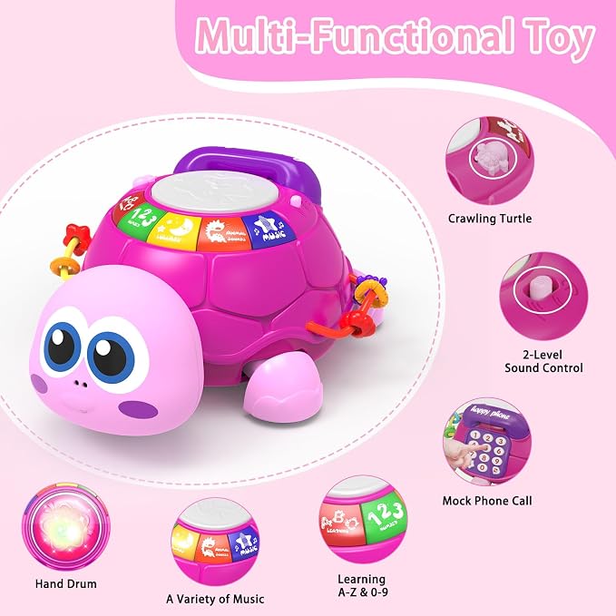 Ussybaby Musical Turtle Baby Toys 6 to 12 Month,Infant Light-up Musical Tummy Time Toy with Phone,Baby Crawling Toys for 7 8 9 12 Months Old,Easter Birthday Girl Gift for 3 4 5 Month+(Pink)