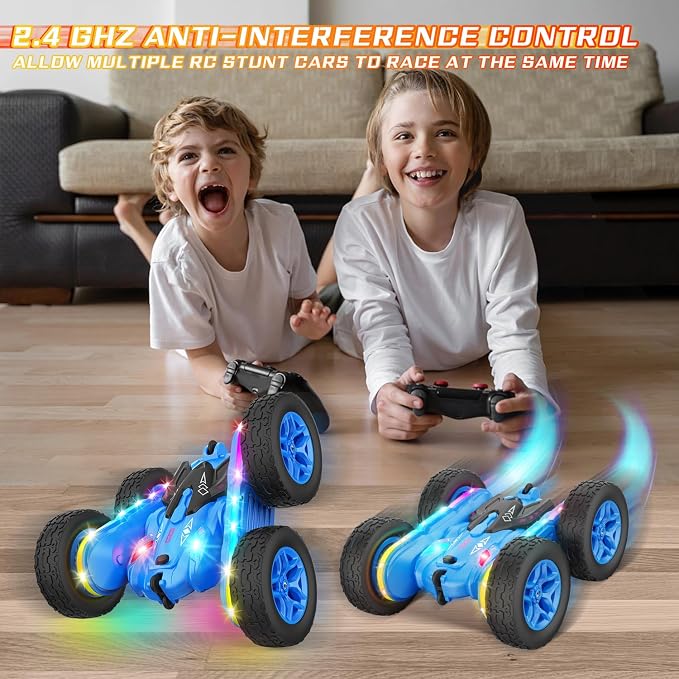 Terucle Remote Control Car, Rc Cars Stunt Toys New Upgraded Strip Lights and Headlights Toys Double-Sided 360° Rotating 4WD Drift Truck for Boys Girls Birthday Gift (Blue)