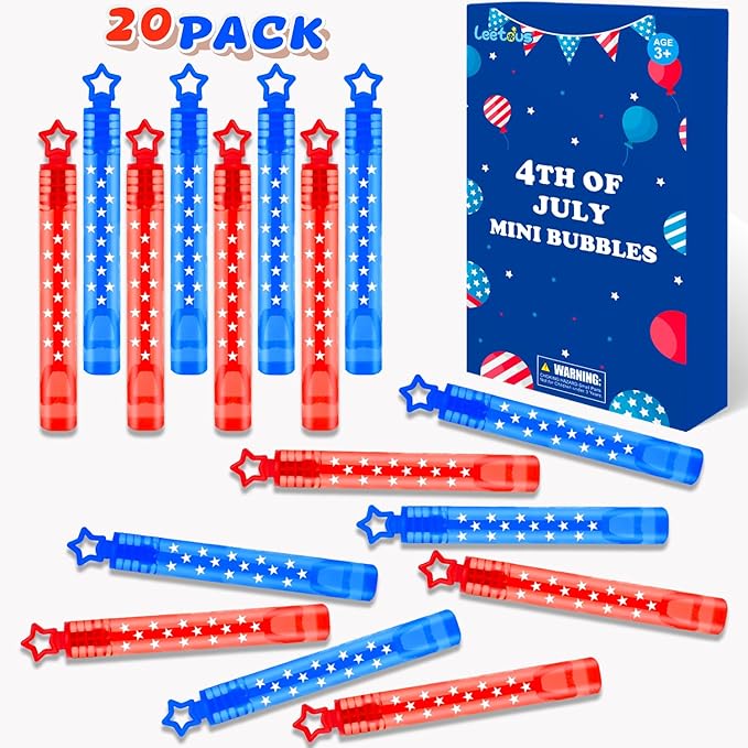 4th of July Bubbles Party Favors for Kids,20 Pack Fourth of July Red White Blue Mini Bubble Wand Toys Gifts for Toddlers,250th Anniversary Patriotic Supplies Accessories Decor Goodie Bag Stuff Trinket
