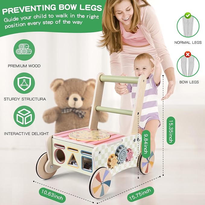 Baby Walker with Wheels Wooden Push Walker 12 Months+ Toddler Walking Toy Adjustable Speed Multiple Learning Sensory Activity Center Baby Learning to Walk Montessori Toys for 1 Year Old Girl/Boy Gift