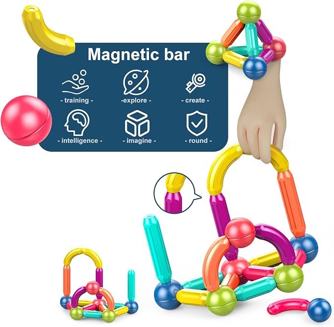 Ferthor Fun Magnetic Balls and Rods Set Building Blocks Magnets for Kids,Learning & Education Toys,Magnetic Sticks Blocks,Montessori Toys for Toddlers,Boys&Girls Gifts (64pcs)