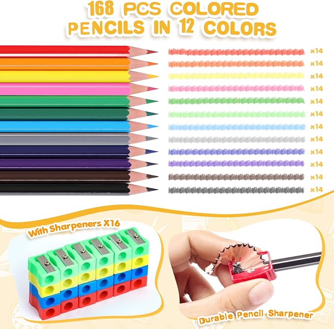 168 Packs Colored Pencils Bulk Classroom, Colored Pencils for Kids 12 Assorted Colors, Coloring Pencil Set Plus 16 Sharpeners, Pre-sharpened Color Pencil, Back to School Supplies Bulk for Teachers