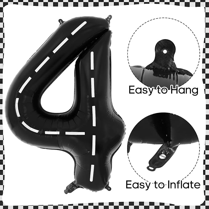 Race Car 4 Balloons, 40 Inch Racetrack Number 4 Balloon, Large Foil Mylar Racetrack Black 4 Balloon for 4 Year Old Birthday Race Car Themed Party Decoration