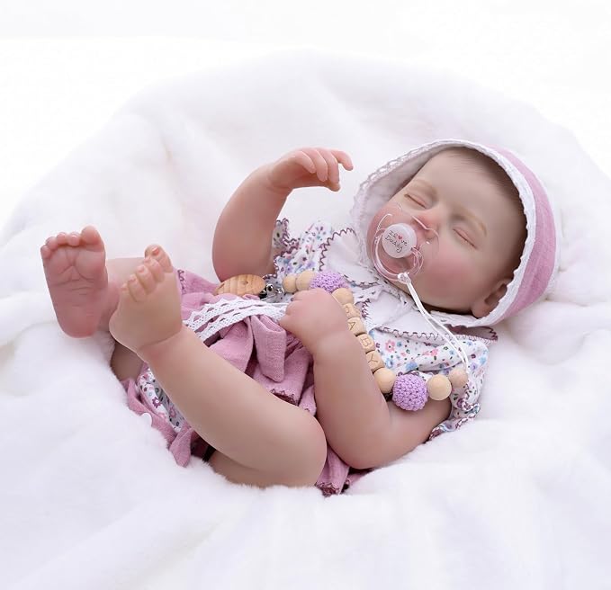 Reborn Baby Dolls – 20 Inch Real Baby Dolls that Look Real, Full Body Vinyl Girl Doll in Purple Romper with Bow & Bonnet, Lifelike Newborn with Accessories, Gift for Girls Ages 3+