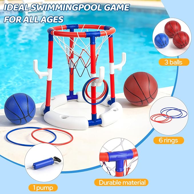 Pool Basketball Hoop Pool Toys for Kids Ages 8-12 4-8 Portable Small Mini Inflatable Pool Basketball Hoop Poolside Water Swimming Pool Games for Adults 3-5 Teens Boys Outdoor Fun Party Bath