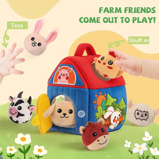 SAIMAND Baby Toys 6-12 Months, Barn with Stuffed Farm Animals, Montessori Toy for Babies, Sensory Toys for Toddlers 1-3, Portable Baby Farmhouse Toy, Birthday Gift for Infants & Toddlers