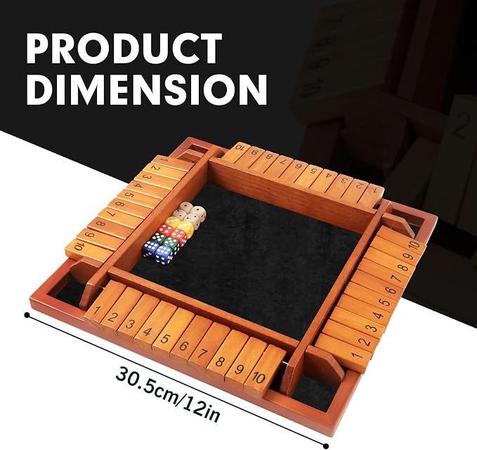 TooyBing Upgraded 1-4 Players Shut The Box Dice Game, Wooden Board Table Family Game for Kids and Adults with 12 Dice, Classic Tabletop Math Game for Pub Classroom Party, Gift for Christmas Birthday
