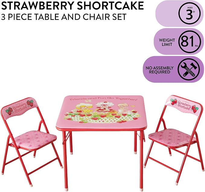 Idea Nuova 3-Piece Furniture Set with 1 Square Table & 2 Folding Chairs for Kids, Strawberry Shortcake