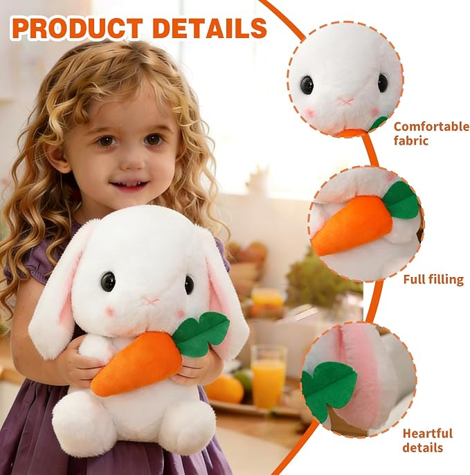 HOUPU Soft Toy - Sitting Lop Eared Rabbit, Easter White Rabbit Stuffed Bunny Animal with Carrot Soft Lovely Realistic Long-Eared Standing Pink Plush Toys (White-Carrot,12.5in/32cm)