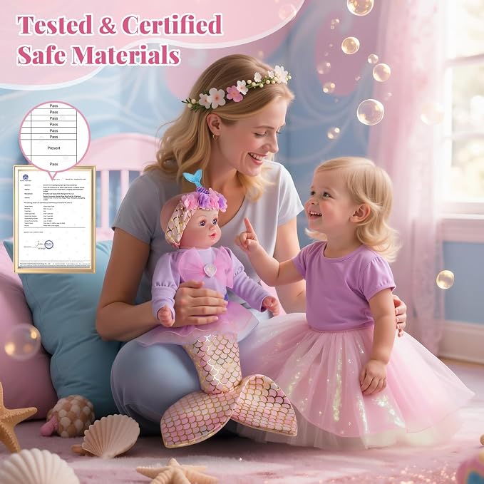 BABESIDE Mermaid Baby Doll Girl, 15-Inch Realistic Soft Baby Dolls with Shiny Mermaid Tail & Accessories, Cute Mermaid Toys for Girls Ages 3+ Kids, Christmas, Birthday