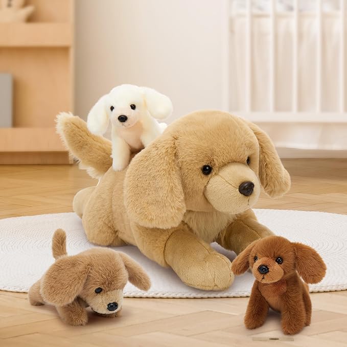 MaoGoLan 4pcs Golden Retriever Stuffed Animal with Babies Inside - 18" Mommy Dog Stuffed Animal with 3 Puppy Plushies, Soft Cute Stuffed Dog Plush Toys for Kids Girls Boys Birthday