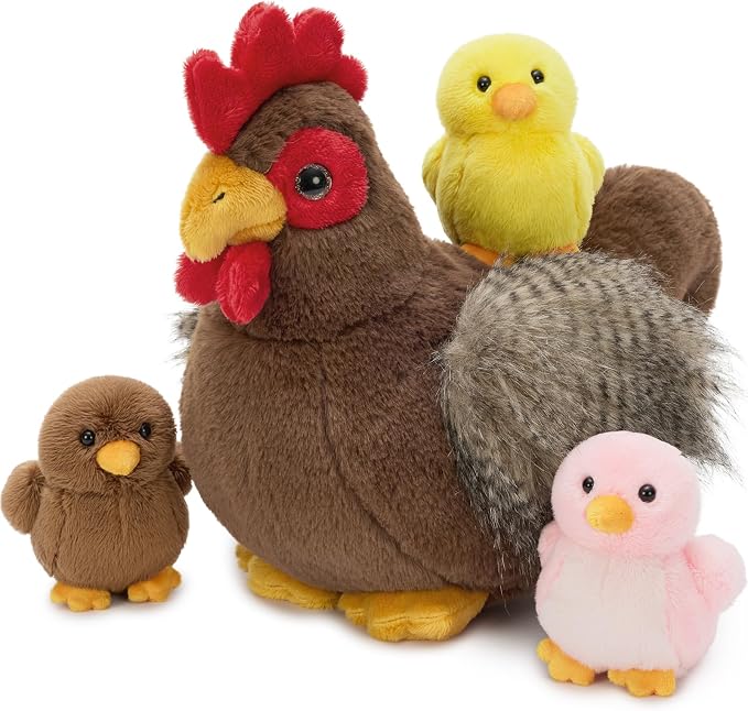 4 Pcs Easter Chicken Plush Set, Mom Hen Stuffed Animal with 3 Stuffed Wind Up Chicks Toy in Mother Chicken's Belly, Christmas Birthday Gift for Kids Girls Boys, Animal Theme Party Decor