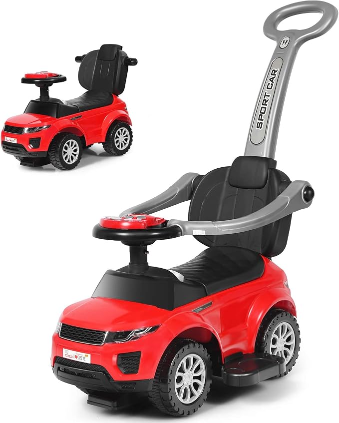 Costzon 3 in 1 Ride on Push Car, Stroller Sliding Walking Car with Horn, Music, Light, Under Seat Storage, Parental Handle, Armrest Guardrails, Ride on Toy for Boys & Girls (Red)