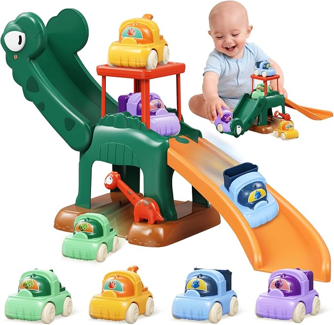 Dinosaur Car Ramp Slide Toy for Toddlers — 4 Push Cars with Race Track, Baby Slide Indoor Toy, Montessori Learning Birthday Gift for Boys Girls 1 2 3 Year Old (Green)