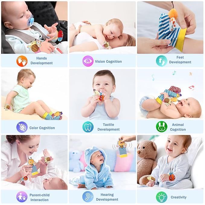 Bloobloomax Baby Wrist Rattle Socks & Foot Finder Toy-Gift for 0-36M | Infant Essentials Wristband Hand & Feet Rattles | Sensory Toys for 0-3Years Newborn Boys and Girls As Shower Present