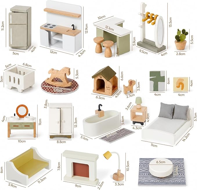 Giant bean 33 PCS Wooden Dollhouse Furniture Set, Modern Doll House Accessories with Bedroom, Kitchen, Bathroom, Nursery & Living Room, Montessori Pretend Play Toys for Kids Girls Boys Age 3+