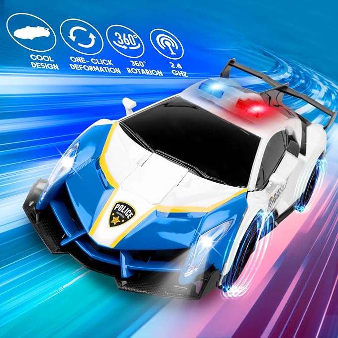 Remote Control Car Transformer Toys for Boy 4-6 Years Old: One-Button Transforming Police Car with LED Light & 360° Rotation Drifting 2.4 Ghz Robot RC Car Christmas Birthday Gift Idea for Kids